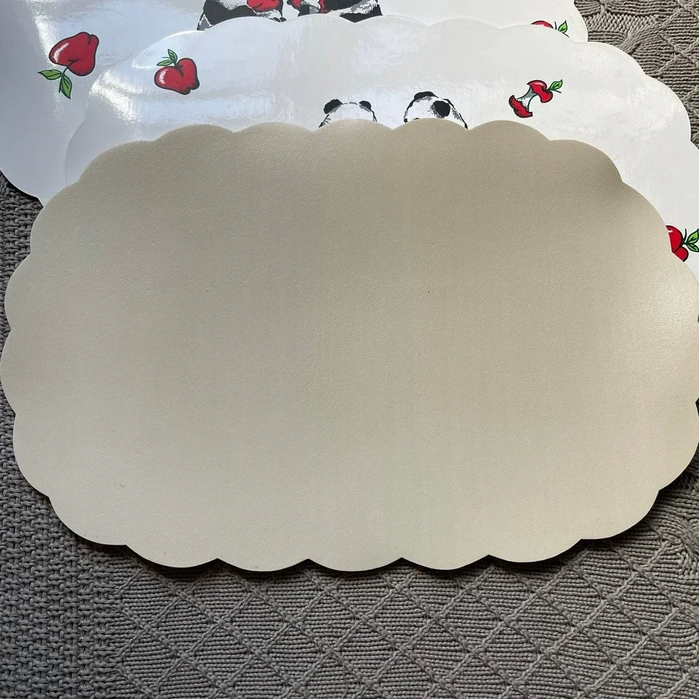 Vintage 70s Funky Panda & Apples Scalloped Vinyl Placemats